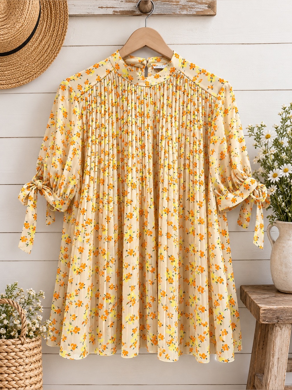 ASOS Design Floral Pleated Blouse US 8 / M Orange Yellow Tie Sleeve Top Ditsy